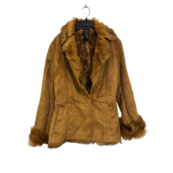 Vintage Y2K Route 66 Faux Shearling Women’s L Camel Brown Coat With Belted Waist - Picture 1 of 4